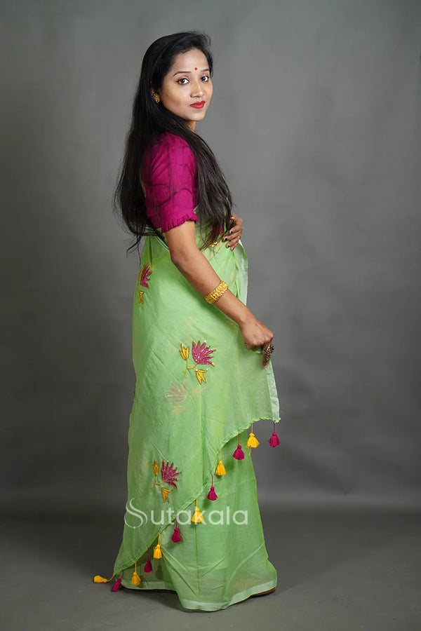 Lotus Sequence Cotton Saree with Floral Thread Work