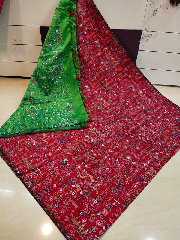 Red Madhubani printed Saree