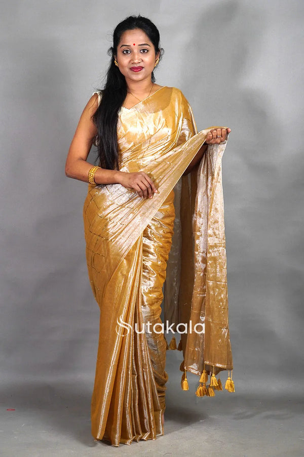 Golden Tissue Silk Saree with Elegant Handwoven Texture & Tassel Pallu