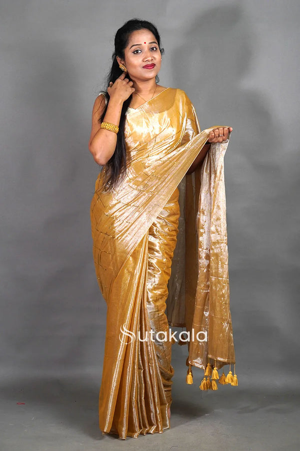 Golden Tissue Silk Saree with Elegant Handwoven Texture & Tassel Pallu