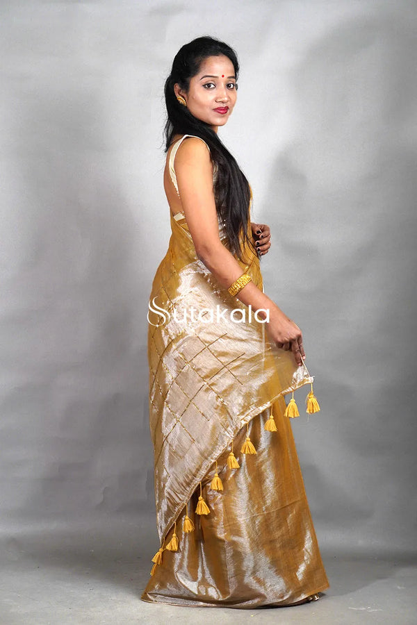 Golden Tissue Silk Saree with Elegant Handwoven Texture & Tassel Pallu