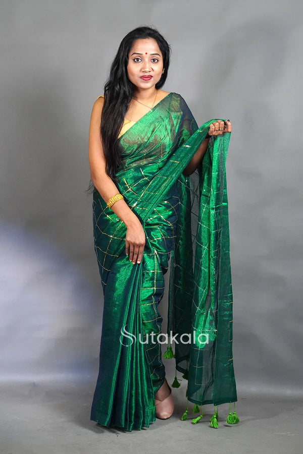 Green Tissue Silk Saree with Elegant Sequence Work