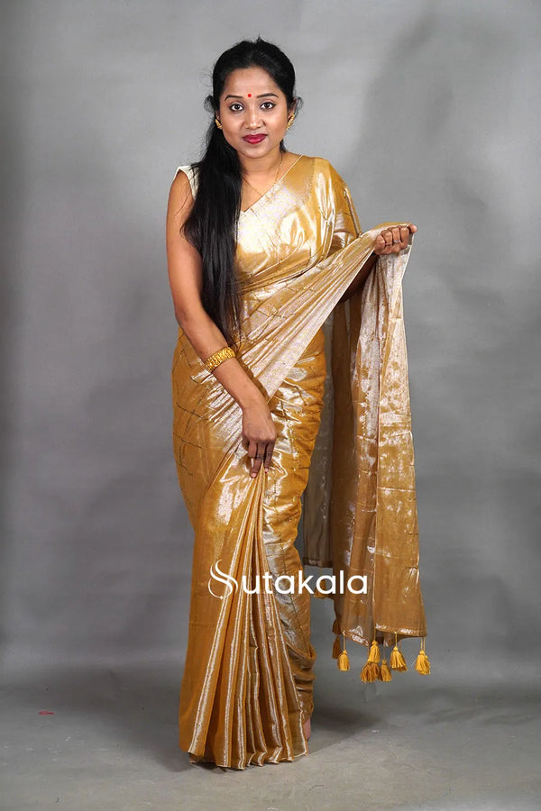 Golden Tissue Silk Saree with Elegant Handwoven Texture & Tassel Pallu